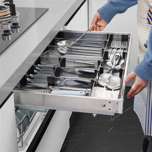 速发拉篮厨房整体橱柜不锈钢工具篮单层太空铝抽屉式阻尼内置物架