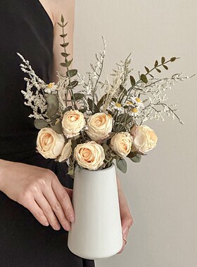 速发花饰感复古烤边玫瑰高洋甘菊花束假花花花瓶摆设花艺装级品