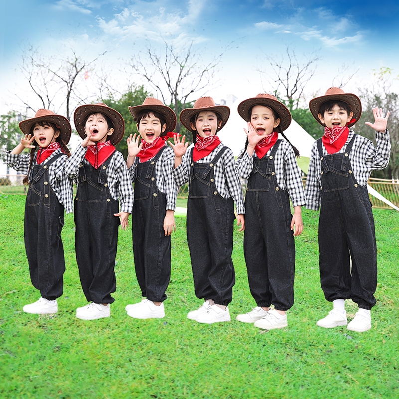 速发儿童牛仔很忙演出运西部爵士舞蹈牛儿背带裤套装服动幼仔园表