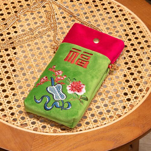 速发手机包中式绒布多功能国风刺绣福字单肩包实用暗扣设计