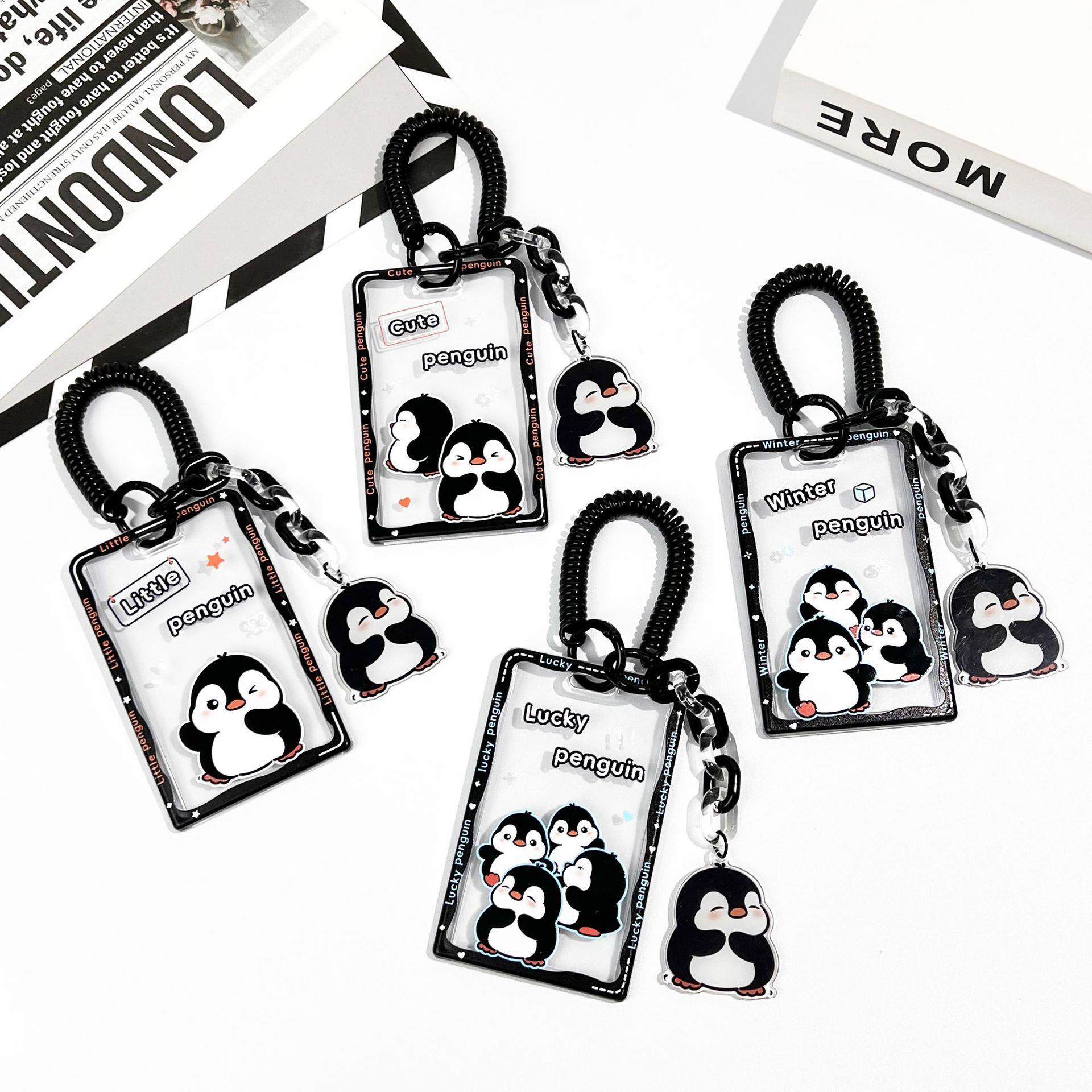 情侣企鹅卡通卡套透明滑盖门禁卡IC卡保护套可爱公交卡包现货