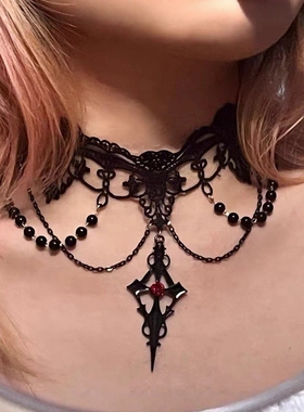 暗黑lolita洛丽塔哥特风多层吊坠蕾丝项圈亚文化甜酷choker项链