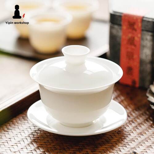 潮州骨瓷盖碗单高端三彩碗大薄身陶瓷茶杯非热功夫茶具