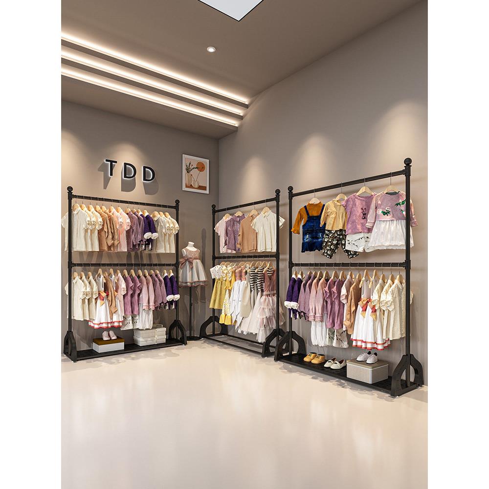童装店展示架铁艺黑色专用衣服陈列货架组合服装店双层升降挂衣架