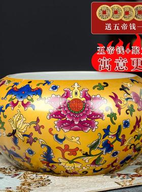 景德镇陶瓷器珐琅彩聚宝盆摆件家居客厅玄关中式工艺品黄色高端