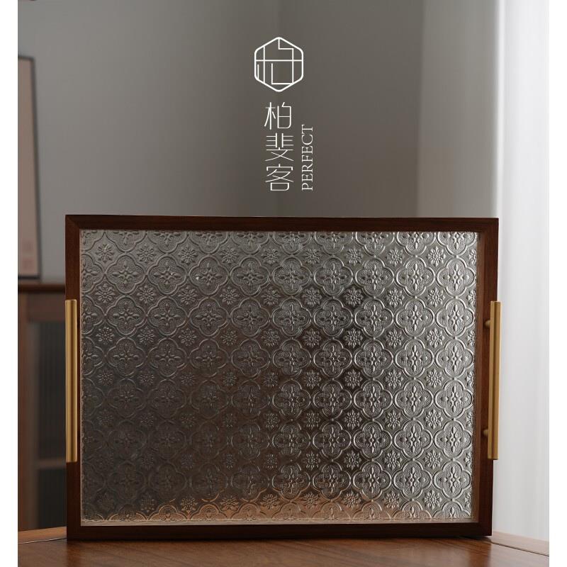 海棠花玻璃托盘茶盘长方形木质家用点心盘放茶杯水杯玻璃托盘摆|