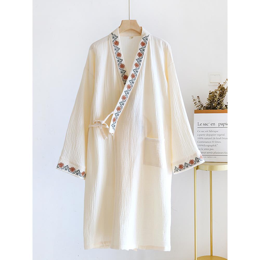 民族风格系带绣花女睡衣绉纹纯棉双层纱布浴袍纯棉春秋家装睡衣