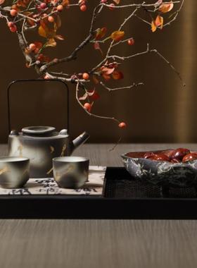 新中式样板房会所售楼处茶具水果盘装饰书盘组合