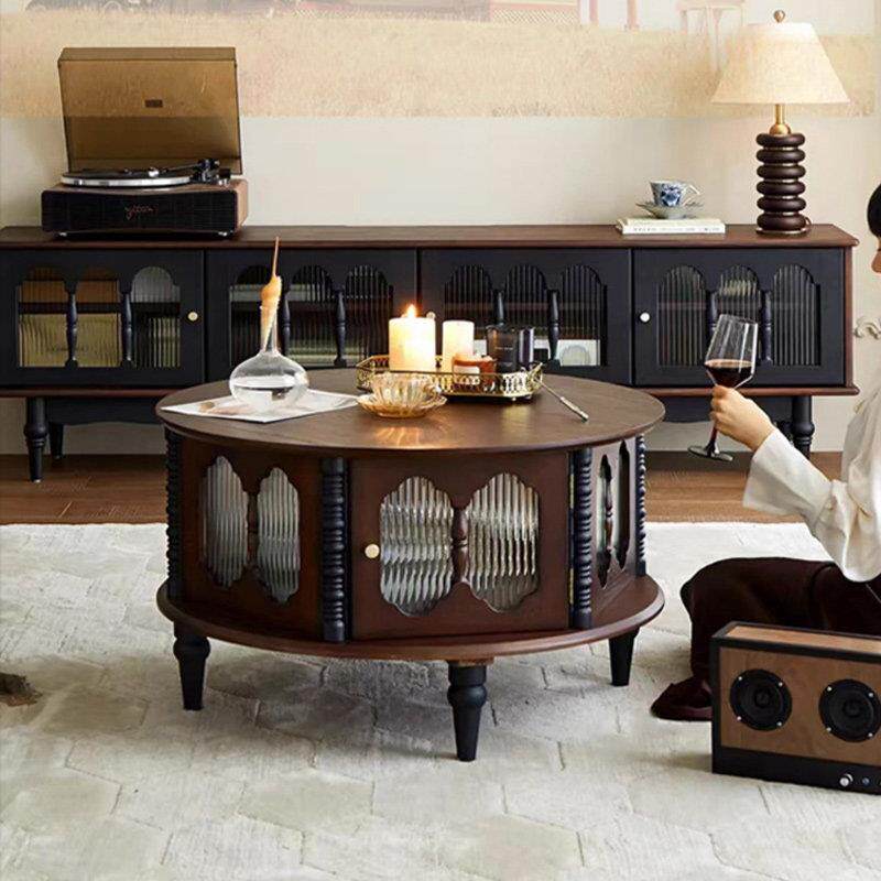 中世纪风格实木圆茶几客厅家庭覆古茶几高端轻豪华茶几家庭电视柜