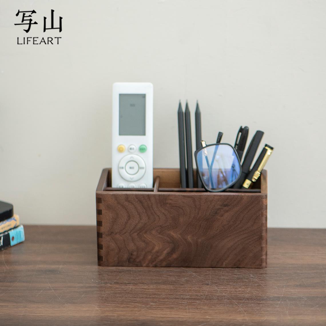 黑胡桃实木笔筒大容量超大实用型书桌家用收纳盒一体可拆卸收纳筒图片