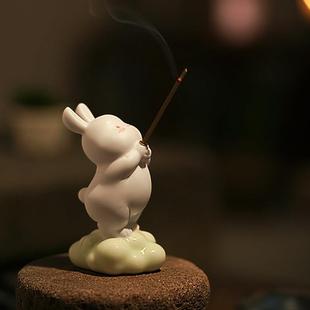 迷你可爱兔香插陶瓷线 托盘兔子小香炉檀香家用香薰香 线香底座托