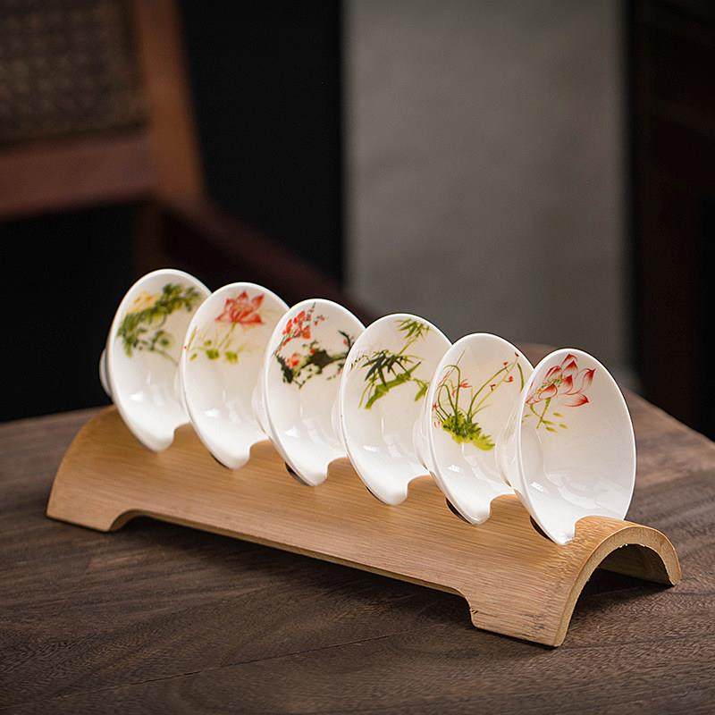 彩色青花瓷茶杯6只装斗笠杯套装功夫茶具品茗杯大号带杯架陶瓷,餐饮具,茶杯,淘宝优惠券,粉丝福利购,淘宝优惠卷