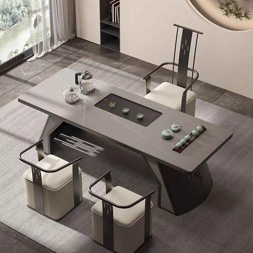 轻奢岩板茶桌大茶台简约大板泡茶桌套装办公室茶桌椅组合阳台功夫