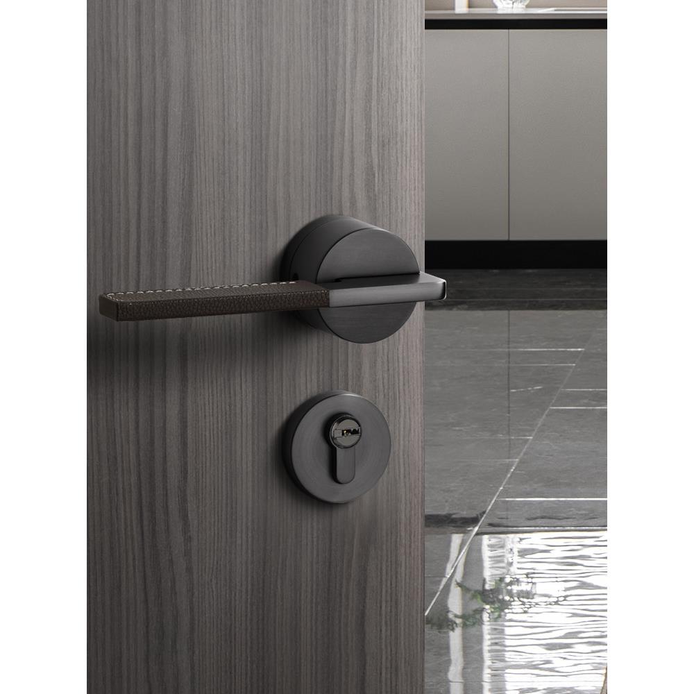 真皮斯堪的纳维亚室内卧室门锁灰色黑色房间门把手简单无声磁后现