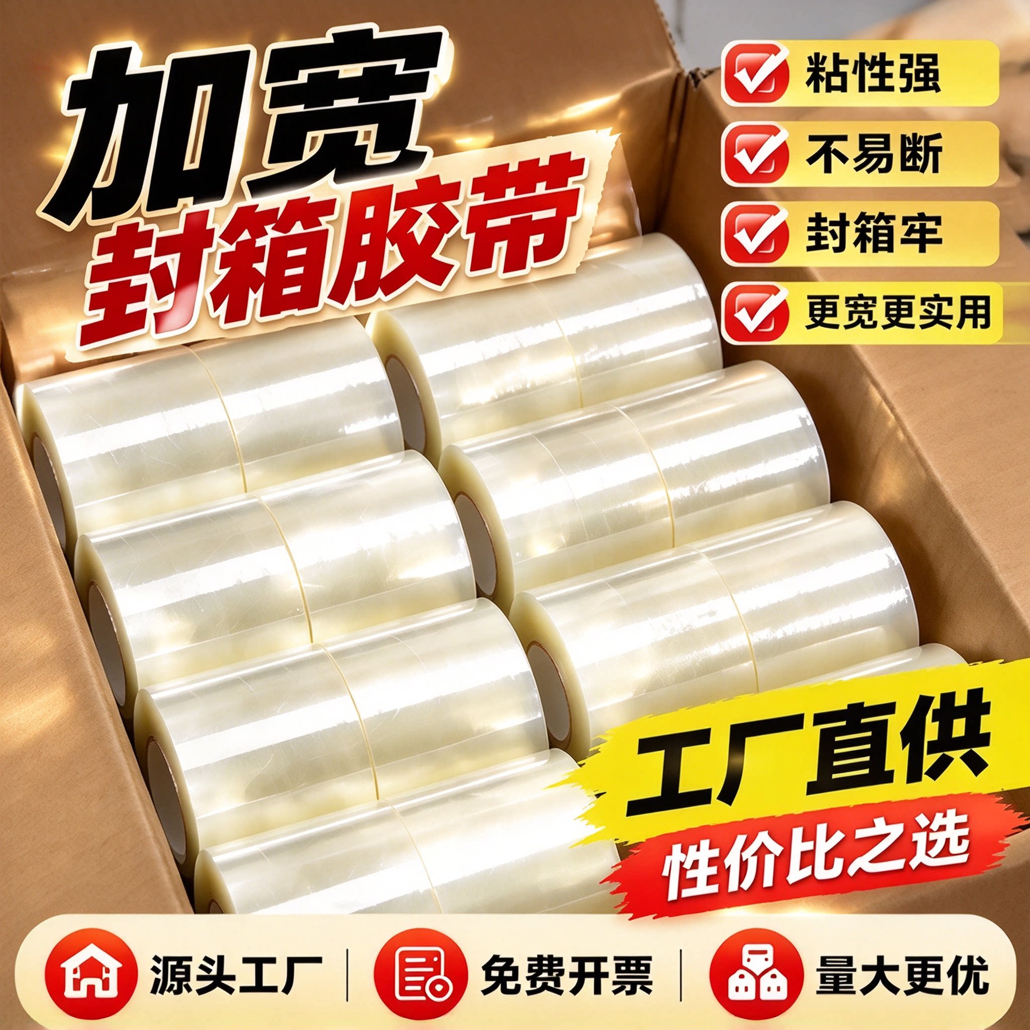 不易断宽胶带透明宽胶布打包薄膜加宽透明胶带大卷装封箱茶叶包装
