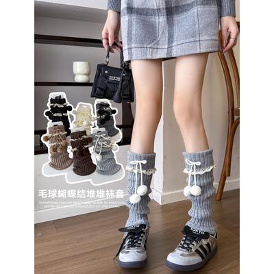 蕾丝边袜套女毛球蝴蝶结堆堆袜洛丽塔少女花边袜子灰色秋冬小腿套