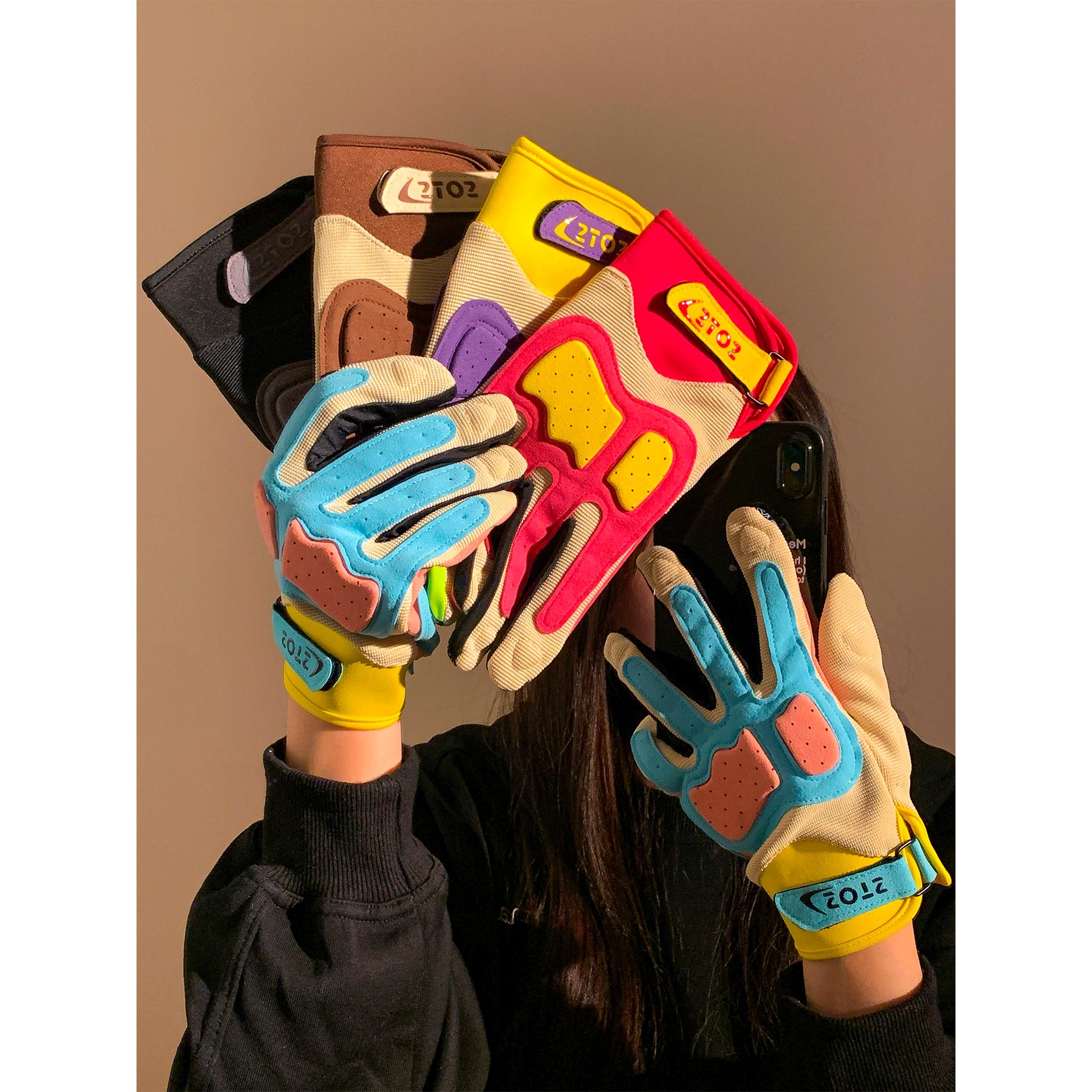 多巴胺撞色骑行摩托车手套女冬季减震防滑触屏户外骑车防寒潮保暖