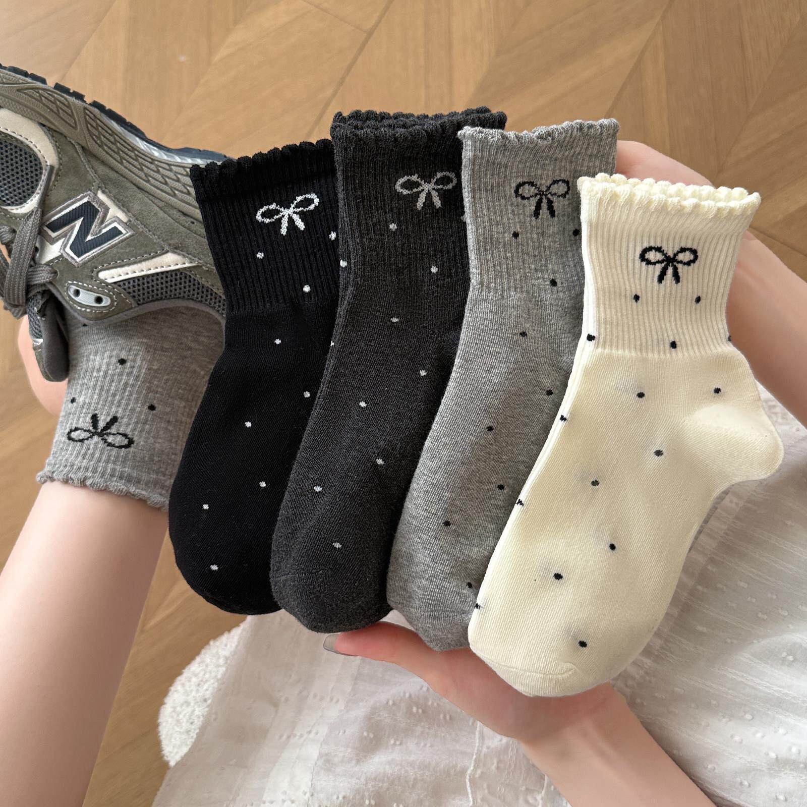 蝴蝶结袜子女2026新款爆款纯棉中筒袜春秋季可爱波点配勃肯鞋短袜