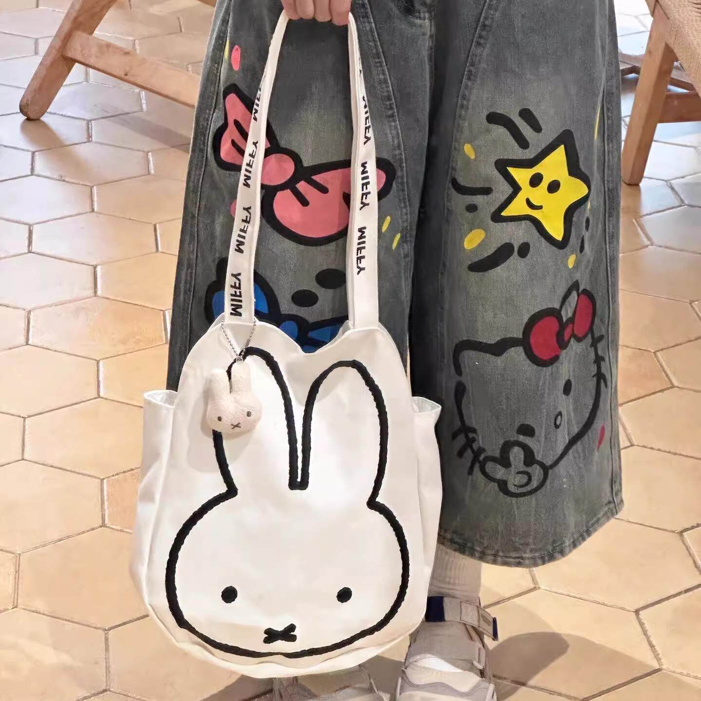 米菲帆布包女生可爱大容量单肩包学生卡通简笔画大布袋高颜值包包