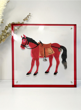 非遗皮影马年剪纸摆件喜庆红色客厅装饰画亚克力相框挂画马的摆画