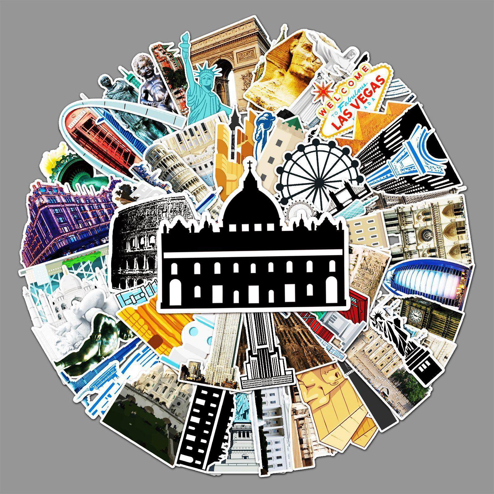 64张地标建筑涂鸦创意笔记本电脑自行车滑板车汽车防水装饰贴纸