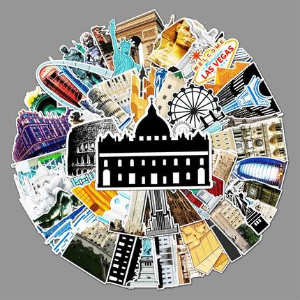 64张地标建筑涂鸦创意笔记本电脑自行车滑板车汽车防水装饰贴纸