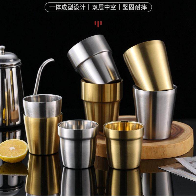 韩式304不锈钢双层防摔水杯烤肉餐厅啤酒杯茶杯饮料杯金色小杯子