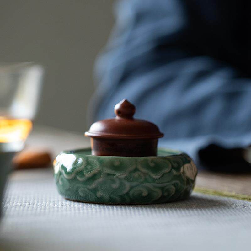 越窑青瓷盖置紫砂壶盖托功夫茶具配件盖碗茶宠摆件盖碗盖子搁垫子