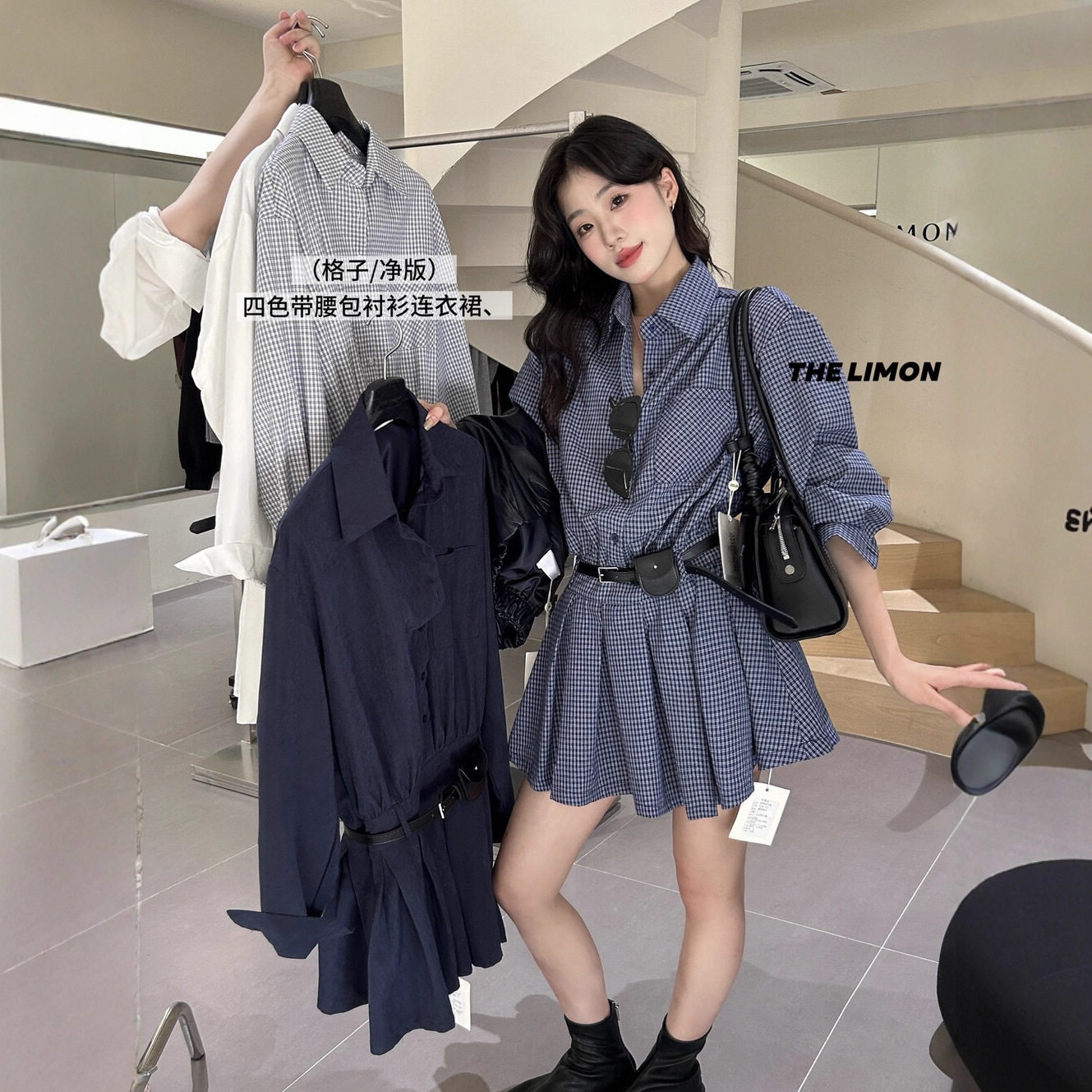韩系设计感收腰衬衫连衣裙女秋季2025新款休闲长袖翻领缪系短裙