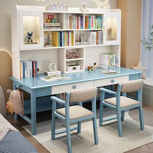 双人书桌书架一体桌带书柜家用卧室初高中生学习桌简约实木电脑桌