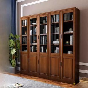 全实木书柜储物柜一体靠墙落地带玻璃柜门防尘书架置物柜客厅橡木