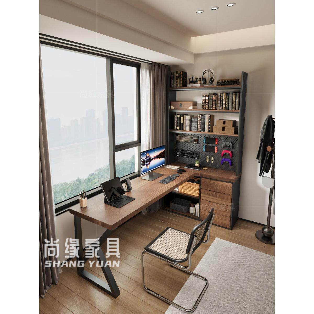 实木角桌书柜书架集成书房角双桌家用壁挂式l型电脑桌