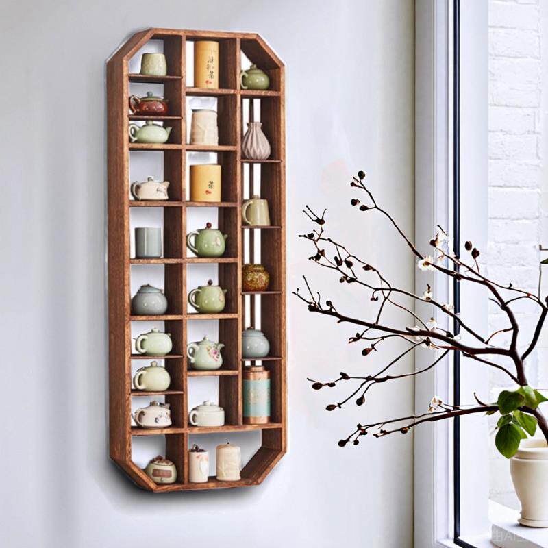 实木中式壁挂式博古架墙上多层茶杯隔断展示茶室置物架挂墙多宝阁