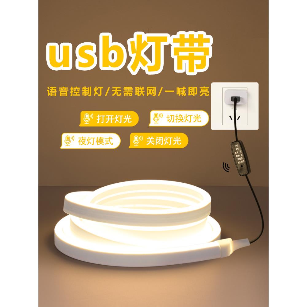 usb灯带家用卧室电视超亮语音智能声控充电自粘免安装氛围led灯条
