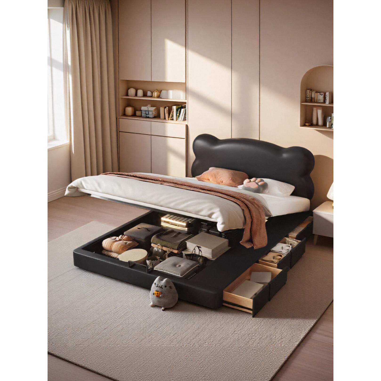 卡通小熊实木储物儿童床带护栏男孩单人王子床真皮软包女孩公主床