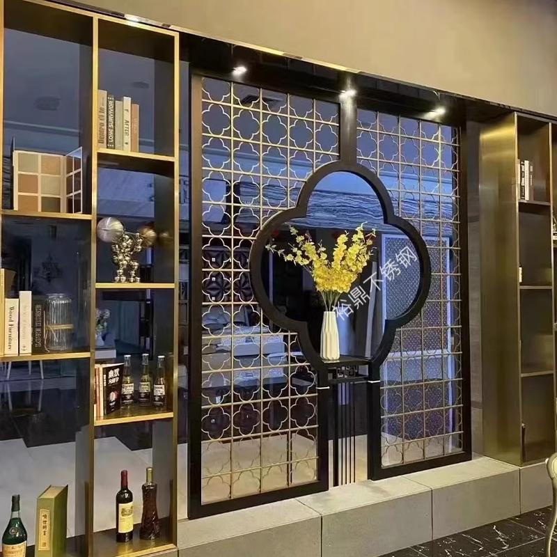 金属镂空雕花不锈钢屏风新中式隔断客厅玄关入户装饰背景墙定制