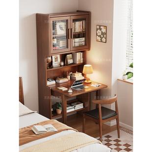 实木折叠书桌书架一体桌家用卧室床头电脑桌小户型书柜组合学习桌