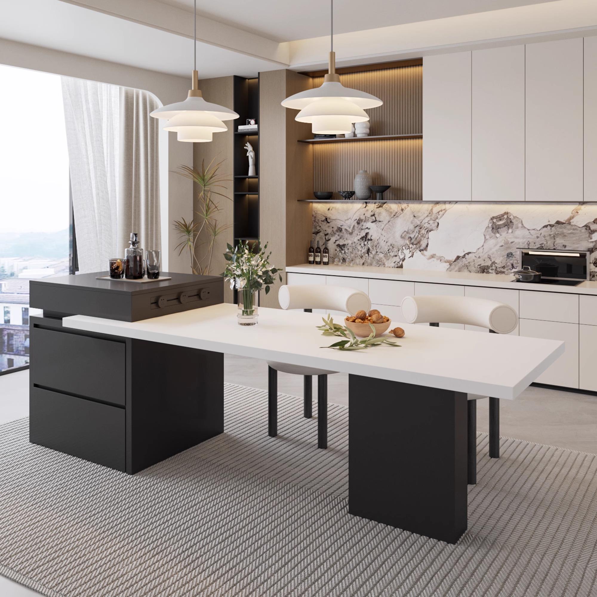 可伸缩岩板岛台餐桌一体家用小户型中岛台厨房多功能意式极简导台