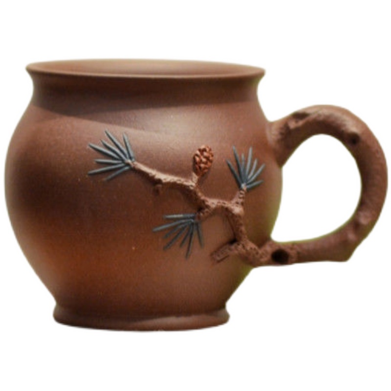 宜兴紫砂主人杯带把茶杯原矿紫泥纯全手工立体泥绘松树葡萄大容量