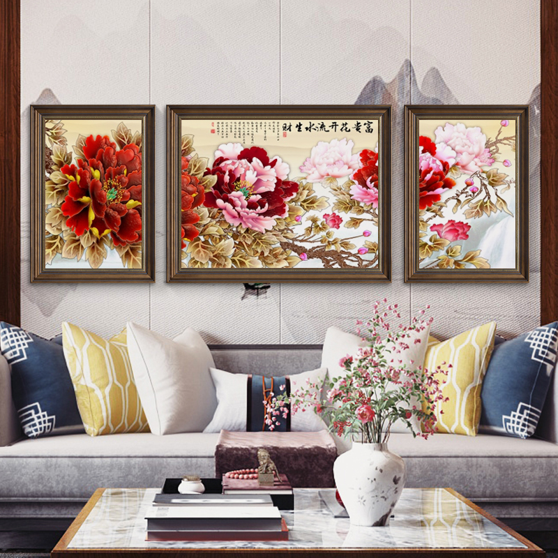 花开富贵牡丹花卉美式挂画客厅沙发背景墙装饰画高端油画三联壁画图片