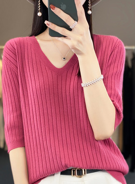Women Sweater Short Sleeve V-neck Stripe Knitwears Slim Fit