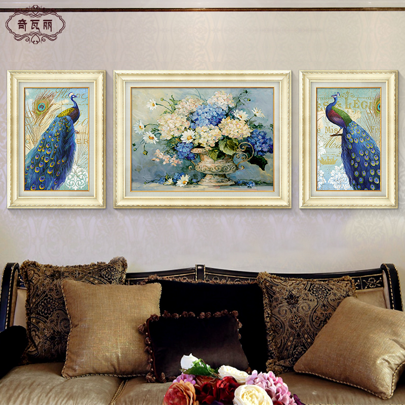 欧式沙发背景墙装饰画孔雀壁画客厅挂画三联画现代简约油画美式画图片