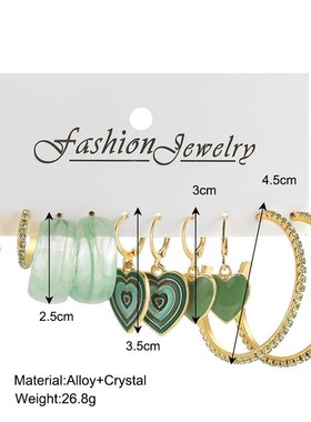 Green Love Pendant Earring Set 5-piece绿色滴油爱心耳环套组