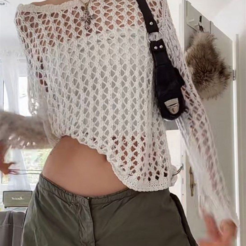 Weekeep Casual White Sweater Pullovers Hollow Out Fishnet Su