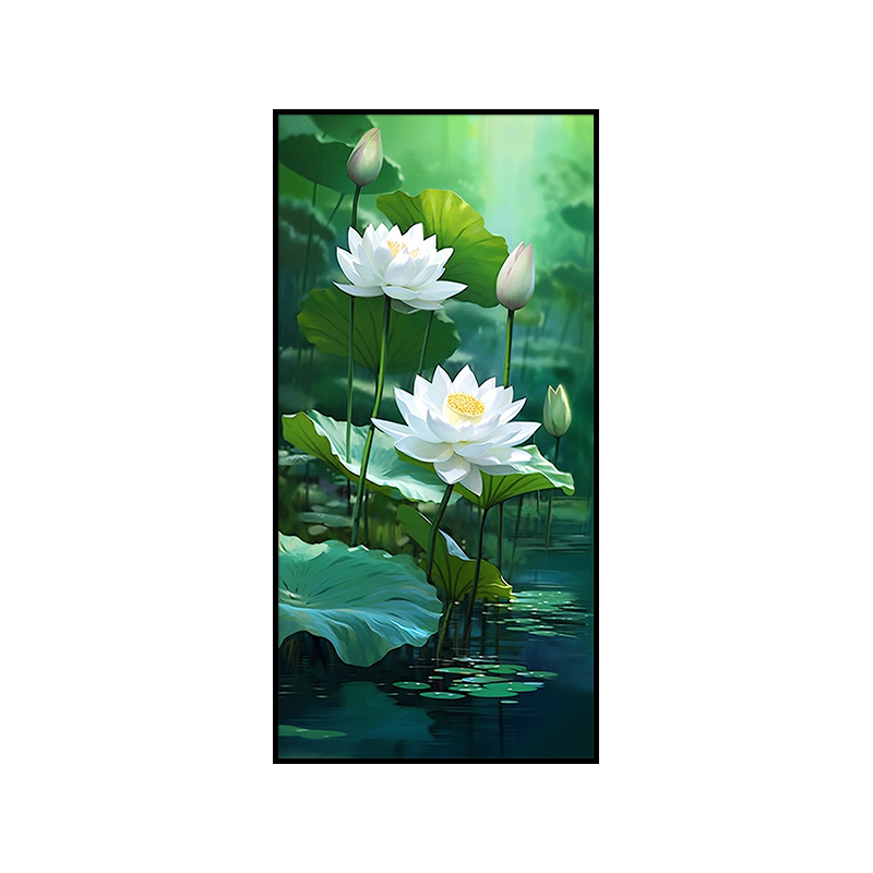 荷花玄关装饰画现代简约入户正对门挂画高级感纯手绘油画竖版壁画图片