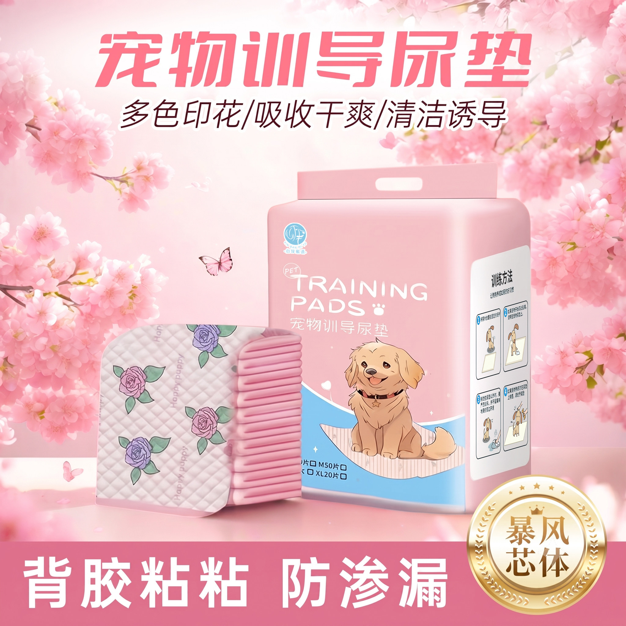 狗狗宠物尿垫加厚瞬吸防漏边背胶消臭印花隔尿垫幼犬训练专用家用