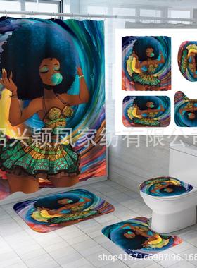 紫色女人头系列浴帘 花型多选 数码印花马桶三件套四件套量大价优