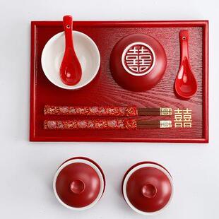 红色陶瓷改口茶杯婚庆红碗筷盖碗一对陪嫁喜杯喜碗 敬茶杯结婚套装