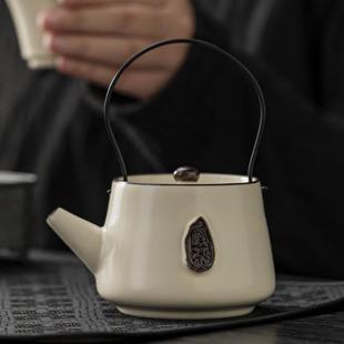 办公室家用陶瓷开片泡茶壶单壶 米黄汝窑提梁壶功夫茶具泡茶壶中式