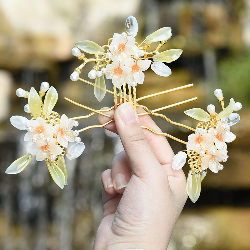 汉服假发古装头饰清新兰花发夹古风发饰盘发万用发钗插梳套装配饰